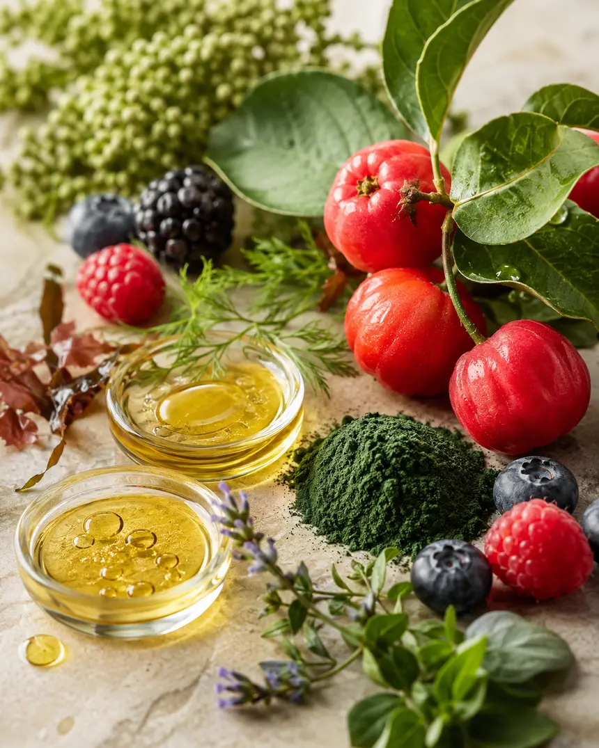 Botanische ingrediënten zoals acerola, bessen, kruiden en groene poeders