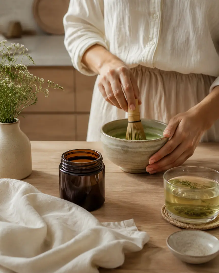 Een rustig ochtendritueel met een groene botanische drank, matcha en thee